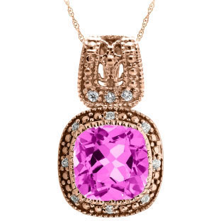 Cushion-Cut Pink Sapphire Rose Gold Diamond Filigree Vintage Style Pendant