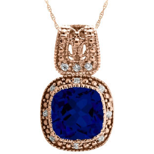 Cushion-Cut Blue Sapphire Rose Gold Diamond Filigree Vintage Style Pendant