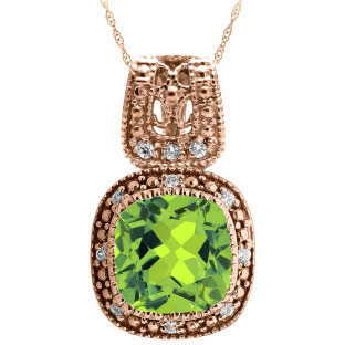 Cushion-Cut Peridot Rose Gold Diamond Filigree Vintage Style Pendant