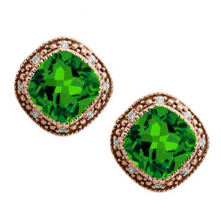 Cushion-Cut Emerald Rose Gold Diamond Filigree Vintage Style Earrings