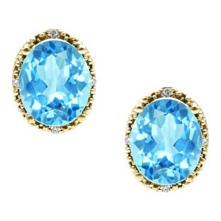 Simple Oval Cut Blue Topaz Diamond Yellow Gold Stud Earrings For Women