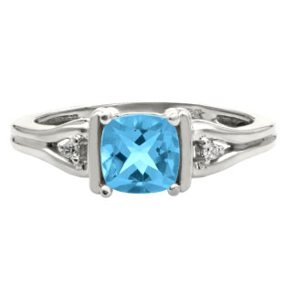 Simple Cushion Cut Blue Topaz Birthstone Diamond White Gold Ring Jewelry
