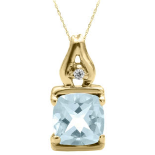 Simple Cushion Cut Aquamarine Birthstone Diamond Yellow Gold Pendant Jewelry