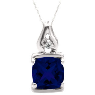 Simple Cushion Cut Blue Sapphire Birthstone Diamond White Gold Pendant Jewelry