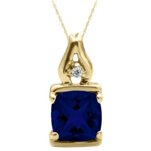 Simple Cushion Cut Blue Sapphire Birthstone Diamond Yellow Gold Pendant Jewelry
