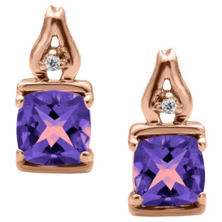 Simple Cushion Cut Amethyst Birthstone Diamond Rose Gold Earrings Jewelry