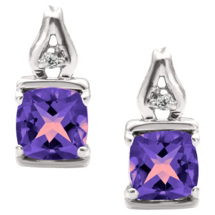 Simple Cushion Cut Amethyst Birthstone Diamond White Gold Earrings Jewelry