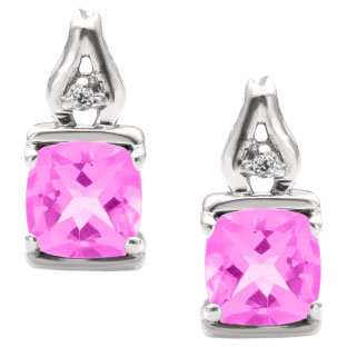 Simple Cushion Cut Pink Sapphire Birthstone Diamond Sterling Silver Earrings Jew
