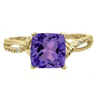 Yellow Gold Cushion-Cut Amethyst Birthstone Diamond Ring Jewelry