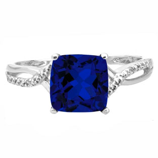 White Gold Cushion-Cut Blue Sapphire Birthstone Diamond Ring Jewelry