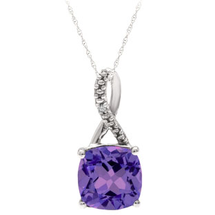 White Gold Cushion-Cut Amethyst Birthstone Diamond Pendant Jewelry