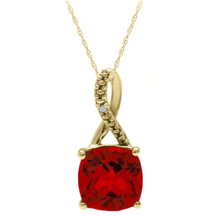 Yellow Gold Cushion-Cut Ruby Birthstone Diamond Pendant Jewelry