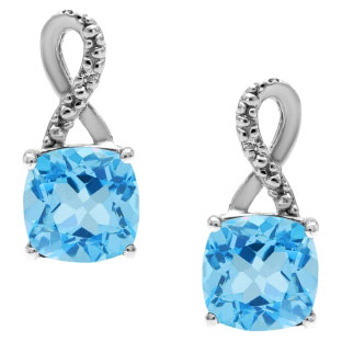 White Gold Cushion-Cut Blue Topaz Birthstone Diamond Drop Earrings Jewelry