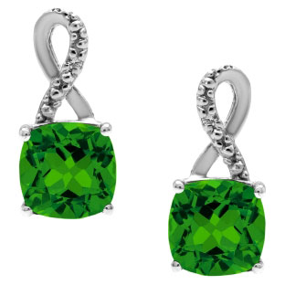 White Gold Cushion-Cut Emerald Birthstone Diamond Drop Earrings Jewelry