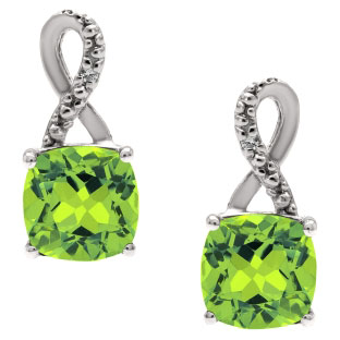 Sterling Silver Cushion-Cut Peridot Birthstone Diamond Drop Earrings Jewelry