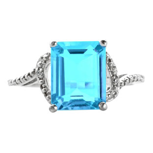 Simple White Gold Emerald-Cut Blue Topaz Diamond Ring Jewelry