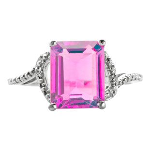Simple Sterling Silver Emerald-Cut Pink Sapphire Diamond Ring Jewelry