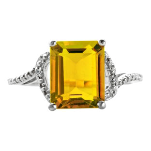 Simple White Gold Emerald-Cut Citrine Diamond Ring Jewelry