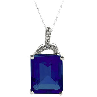 Simple White Gold Emerald-Cut Blue Sapphire Diamond Pendant Jewelry