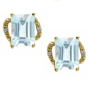 Simple Yellow Gold Emerald-Cut Aquamarine Diamond Earrings Jewelry