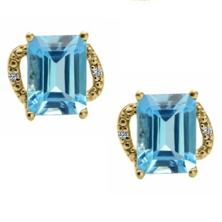 Simple Yellow Gold Emerald-Cut Blue Topaz Diamond Earrings Jewelry