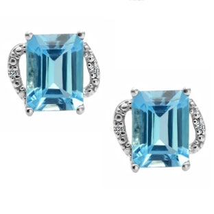 Simple Sterling Silver Emerald-Cut Blue Topaz Diamond Earrings Jewelry