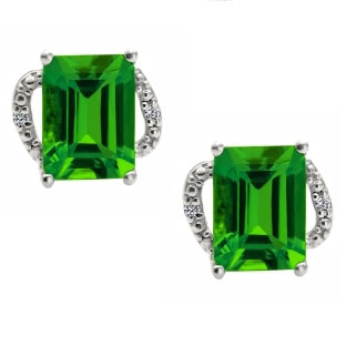 Simple Sterling Silver Emerald-Cut Emerald Diamond Earrings Jewelry