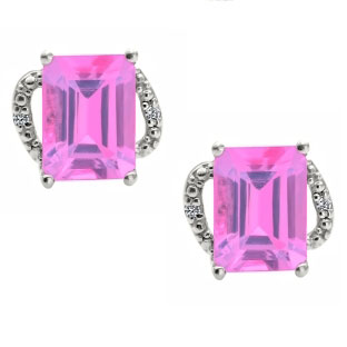 Simple White Gold Emerald-Cut Pink Sapphire Diamond Earrings Jewelry