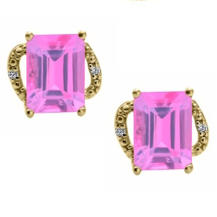 Simple Yellow Gold Emerald-Cut Pink Sapphire Diamond Earrings Jewelry