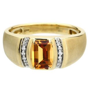 Men's Barrel-Cut Citrine Stone Diamond Custom Finger Yellow Gold Ring