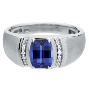 Men's Barrel-Cut Sapphire Stone Diamond Custom Finger White Gold Ring