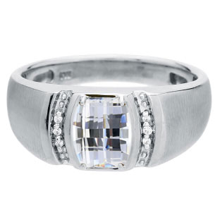 Men's Barrel-Cut White Topaz Stone Diamond Custom Finger White Gold Ring