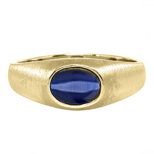 East-West Oval Cut Midnight Blue Cat Eye Yellow Gold Pinky Ring For Men