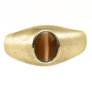 Yellow Gold Pinky Ring For Men Oval-Cut Brown Cat Eye Gemstone