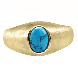Yellow Gold Pinky Ring For Men Oval-Cut Turquoise Gemstone