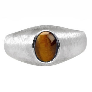 White Gold Pinky Ring For Men Oval-Cut Tiger Eye Gemstone