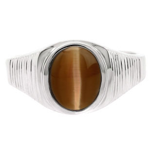 Men's Oval-Cut Brown Cat Eye Gemstone Simple White Gold Ring