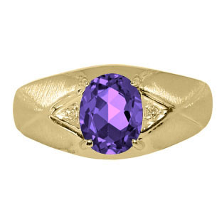 Mens Jewelry - Men's Yellow Gold Ring With Amethyst Stone and Diamonds