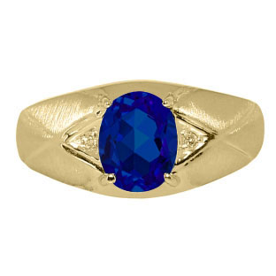 Mens Jewelry - Men's Yellow Gold Ring With Sapphire Stone and Diamonds