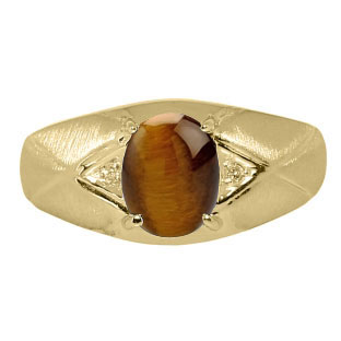 Mens Jewelry - Men's Yellow Gold Ring With Tiger Eye Stone and Diamonds