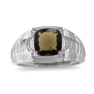 Smoky Quartz and Diamond Men's Cushion Cut Ring White Gold Jewelry