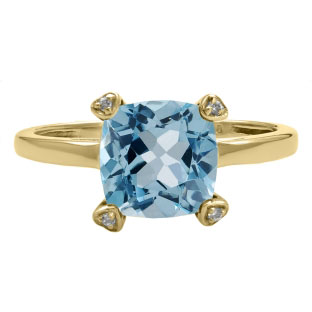 Cushion Cut Blue Topaz Diamond Yellow Gold Simple Ring Gemstone Jewelry