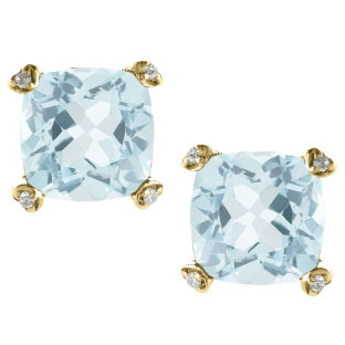 Cushion Cut Blue Aquamarine Diamond Yellow Gold Simple Earrings Gemstone Jewelry