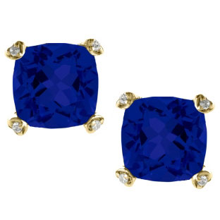 Cushion Cut Blue Sapphire Diamond Yellow Gold Simple Earrings Gemstone Jewelry