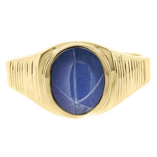 Men's Oval-Cut Blue Star Sapphire Gemstone Simple Yellow Gold Ring