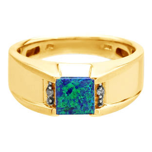 Diamond and Square Australian Opal Men's Yellow Gold Ring