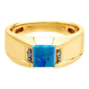 Diamond and Square Turquoise Men's Yellow Gold Ring
