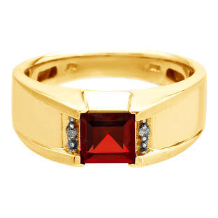 Diamond and Square Garnet Men's Yellow Gold Ring