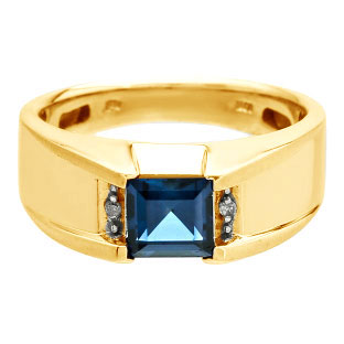 Diamond and Square London Blue Topaz Men's Yellow Gold Ring