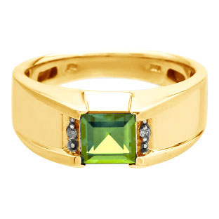 Diamond and Square Peridot Men's Yellow Gold Ring
